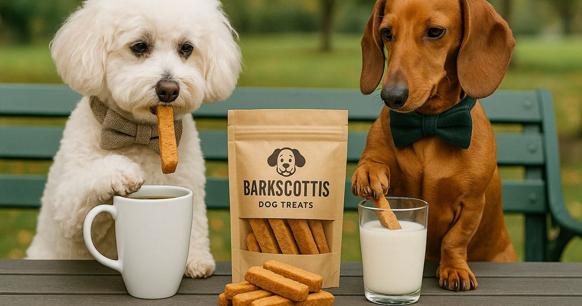 Barkscottis Two dogs eating barkscottis treats on a park table